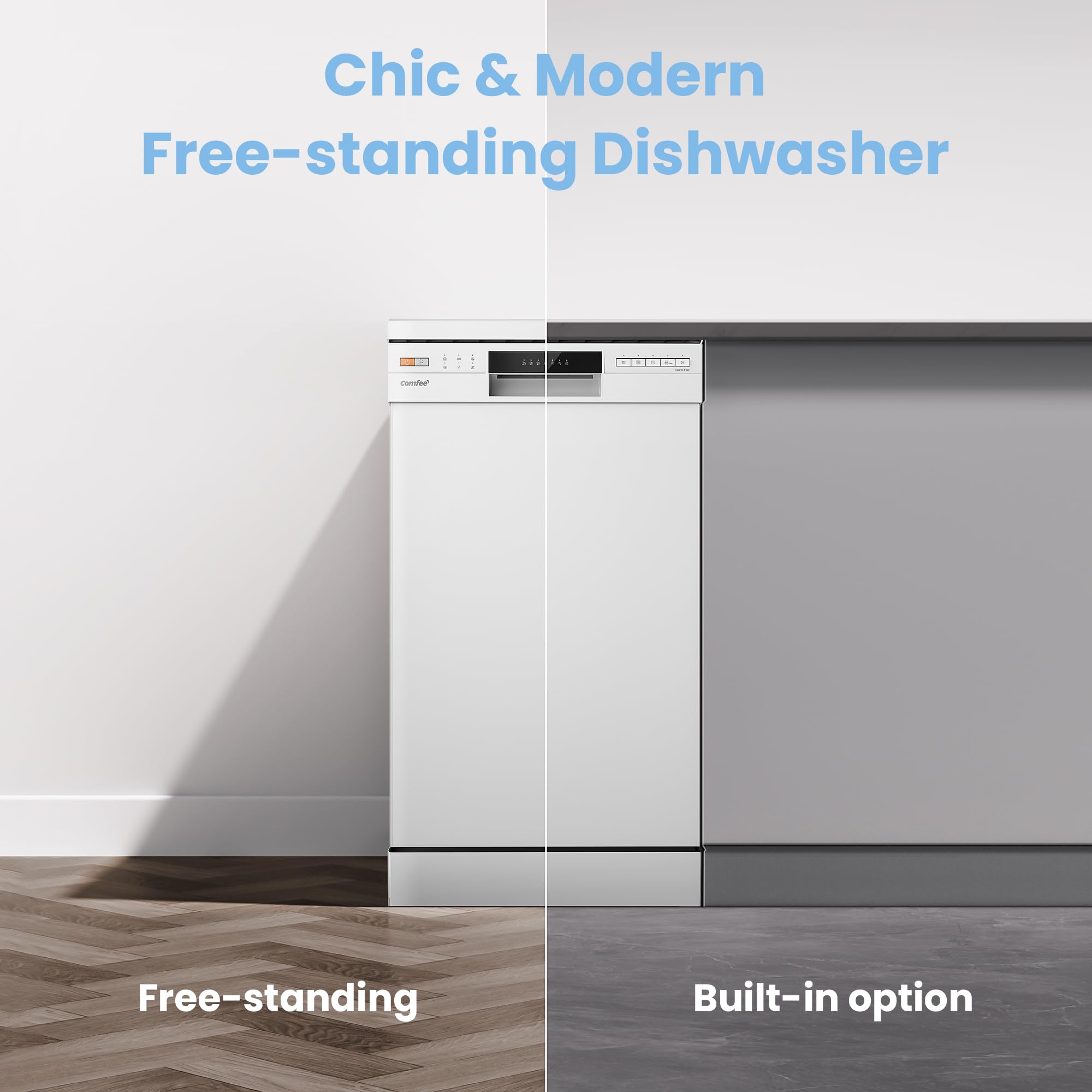 COMFEE' Freestanding Dishwasher CDWEF1034BW-UK 45cm Width, Slimline Dishwasher with 10 place settings, Quick Wash, Hygiene Wash, Delay Start, Half Load, Adjustable Basket - White