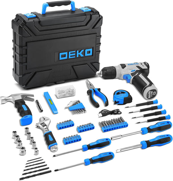 Tool Kit: DEKO Drill Set with Cordless Drill, Tool Kit Set Box, DIY Hand Tools for Men and Home, with 8V Electric Drills Blue,126 Pieces