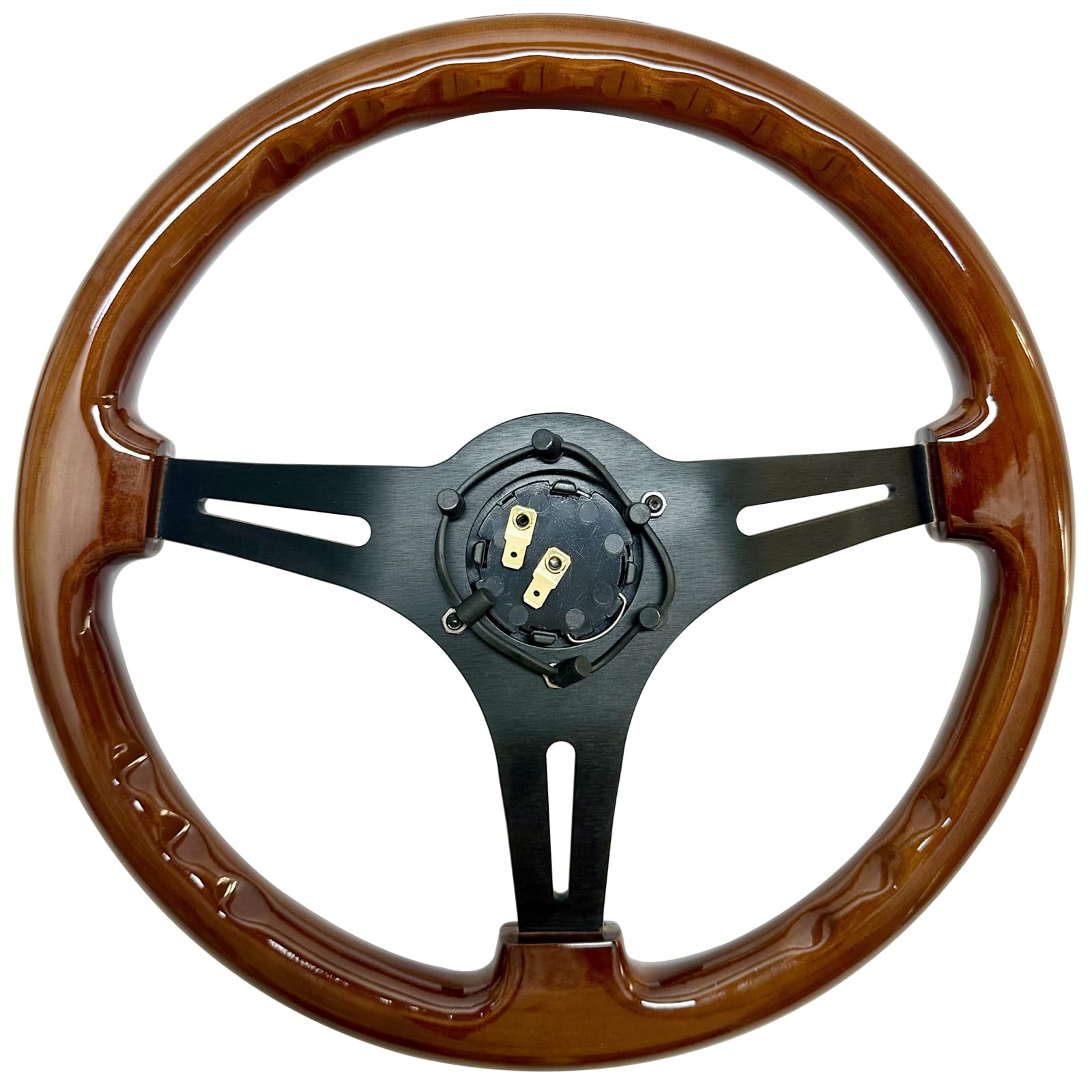 Hiracing 14" Universal Classic Wood Grain Steering Wheel Brushed 3 Spoke 1.5 Depth Steering Wheel with Horn Button 6 bolts (010)