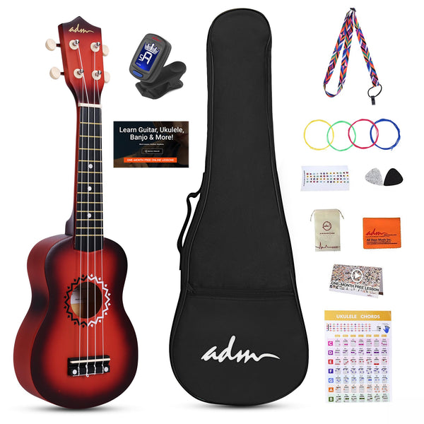 ADM Soprano Ukulele Set for Kids and Beginners, Ukulele Starter Kit with Bag, Clip-On Tuner, Rainbow Strings, Colourful Strap, Plectrum, Fingerboard Sticker, Chord Card (Dark Blue)