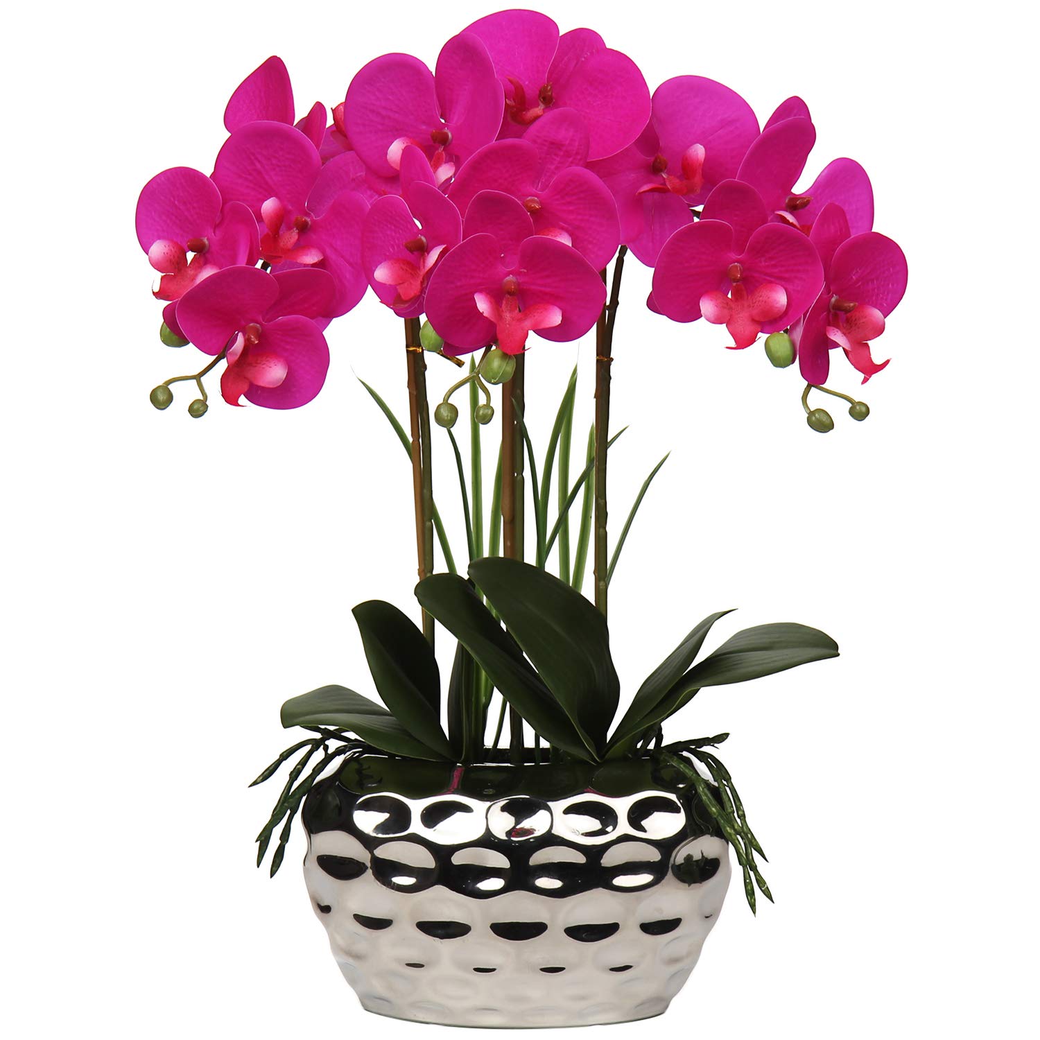 17" Artificial Orchid Phalaenopsis Flowers Decorative Orchid Bonsai Fake Flowers Real Touch Orchid Artificial Flowers with Silver Ceramic Pot for