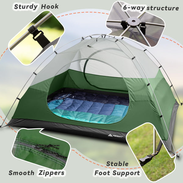 Forceatt Tent, 2-4 Man Tent for Camping, Easy Setup Lightweight Two Doors PU3000mm Waterproof Dome Tent, Windproof Instant Outdoor Tent Suitable for Traveling, Beach, Camping, Hiking, Mountaineering