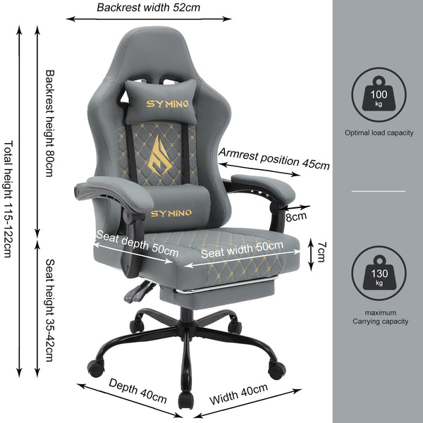 Symino Gaming Chair with Footrest, Computer Ergonomic Video Game Chair, Adjustable Swivel Task Chair with Lumbar Support, PC Chair, Office Chair PU Leather, Grey&White