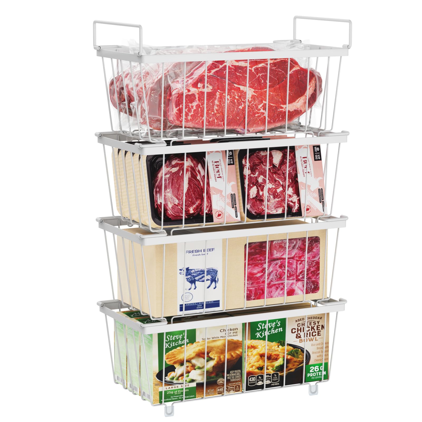iSPECLE Chest Freezer Baskets - 4 Pack Stackable Organiser for 198L Chest Freezer Easy to Sort and Get Food with Handles Add Space and Allow Air
