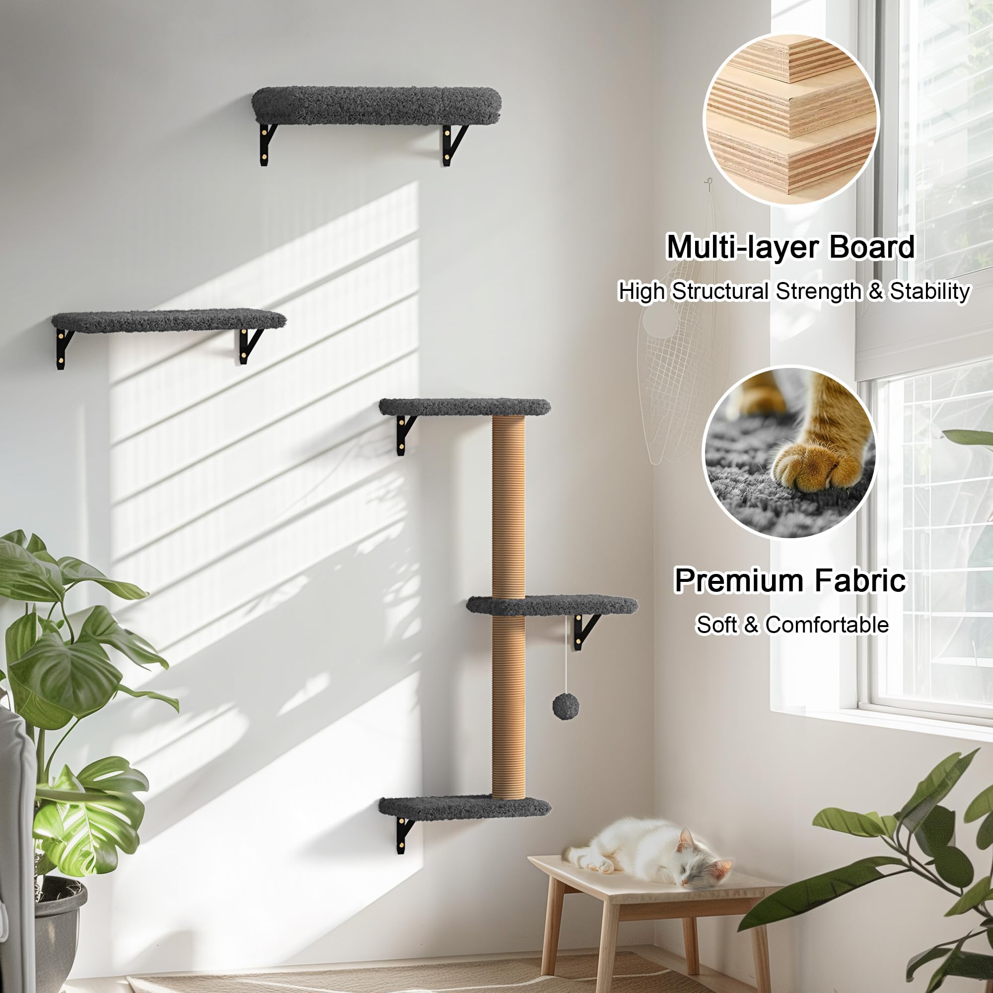FUKUMARU Cat Wall Shelves, Stable & Safe 4 in 1 Large Cat Wall Furniture Set, Wooden Cat Climbing Wall with Scratching Post for 16 Inch Drywall - Gray