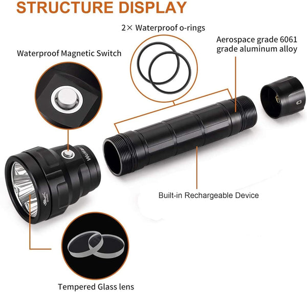 Wurkkos DL40 Dive Torch,Bright Max 5000 Lumen Diving Flashlight Scuba Diving Torch with 4 LH351D LED,Scuba Diving Equipment IPX8 Waterproof,High 90CRI Rechargeables Diving Torch
