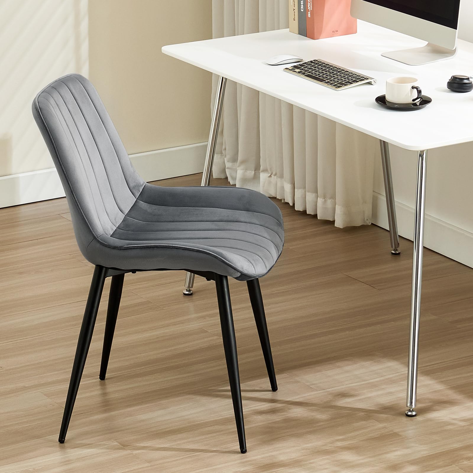 LONGTOO Set of 6 Dining Chairs with Velvet Upholstered Seat & Backrest,Stable Metal Legs,Modern Stripe Design,Champagne