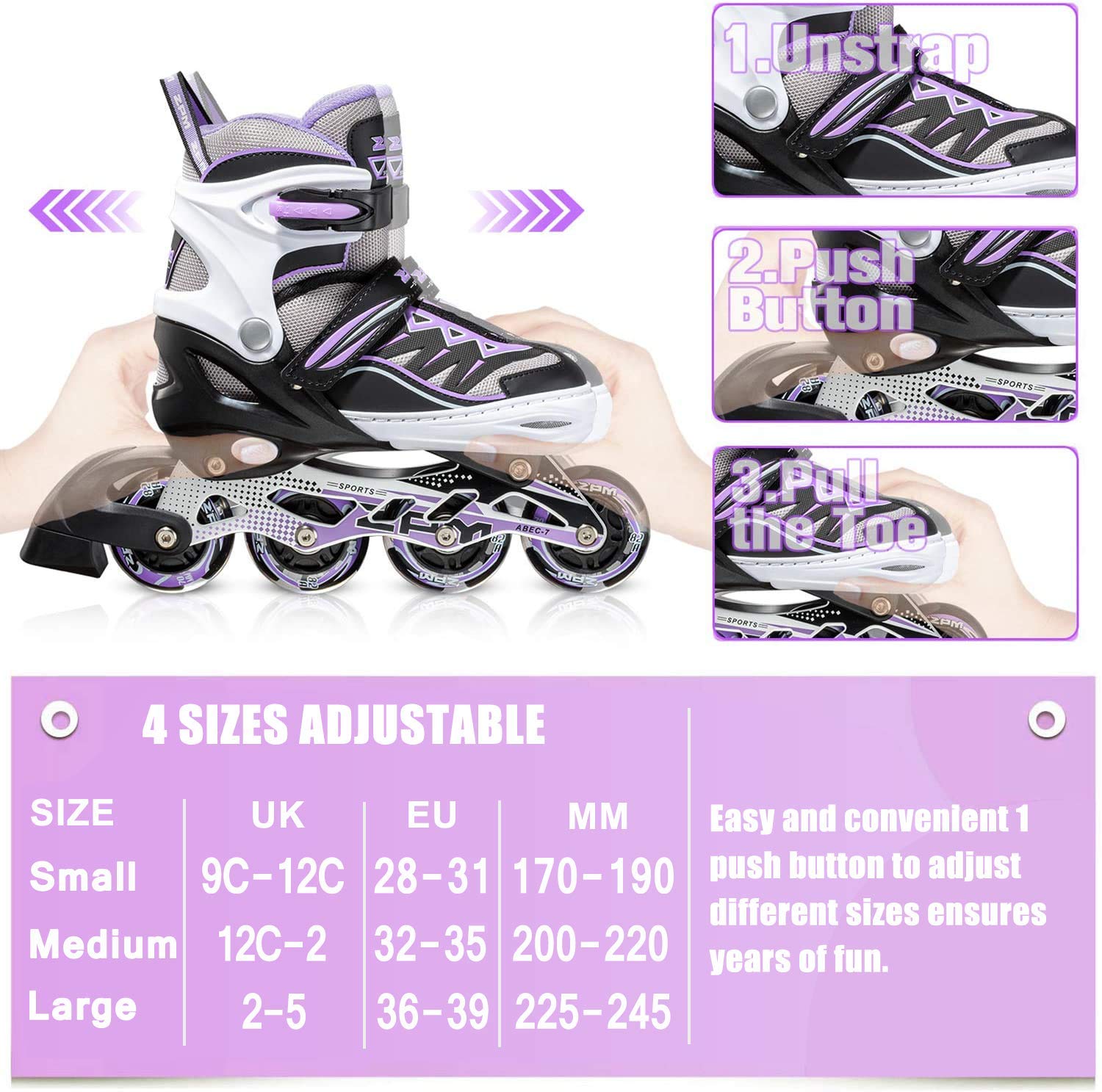 2pm Sports Adjustable Light up Inline Skates, Stylish Design Beginner Roller Skates for Boys and Girls - Purple Small