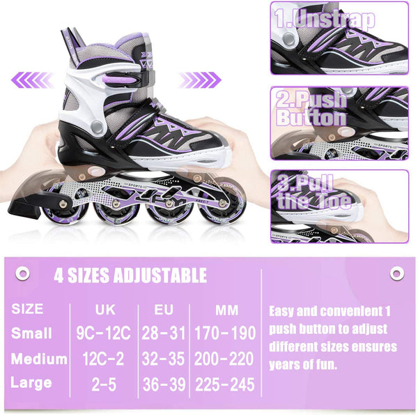 2pm Sports Adjustable Light up Inline Skates, Stylish Design Beginner Roller Skates for Boys and Girls - Purple Small