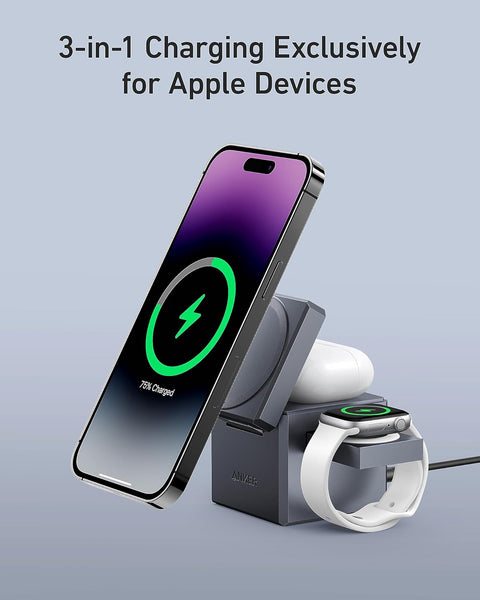 Anker 3-in-1 Cube Compatible with MagSafe - 15W Fast Charging, Foldable Wireless Charge Station for Apple Watch, iPhone 17/16/15/14/13, and AirPods Pro (Charger and Interchangeable Plugs Included)