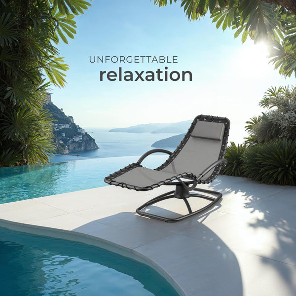 TecTake® Sun Lounger with Rocking Function, Ergonomic Garden Chair with Breathable Fabric, Thick Head Cushion, Curved Armrests & Sturdy Steel Frame, Outdoor Chair for Garden, Patio, Balcony - Grey