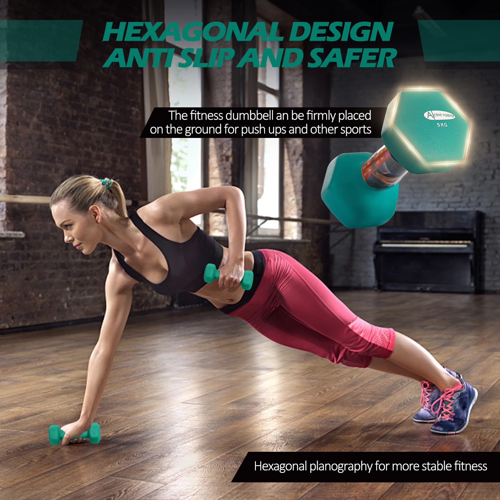 ACTIVE FOREVER Dumbbells 2?5kg, Set of 2, Hex Dumbbells Pair, Neoprene Waterproof Non-slip Dumbells Set (Dark Green)