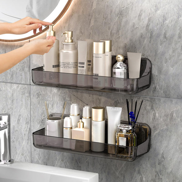 CGBE 2-Pack Acrylic Shower Shelves, No Drilling Adhesive Shower Shelf, Large Capacity Adhesive Bathroom Shelf with Drain Holes - Large Cleargrey