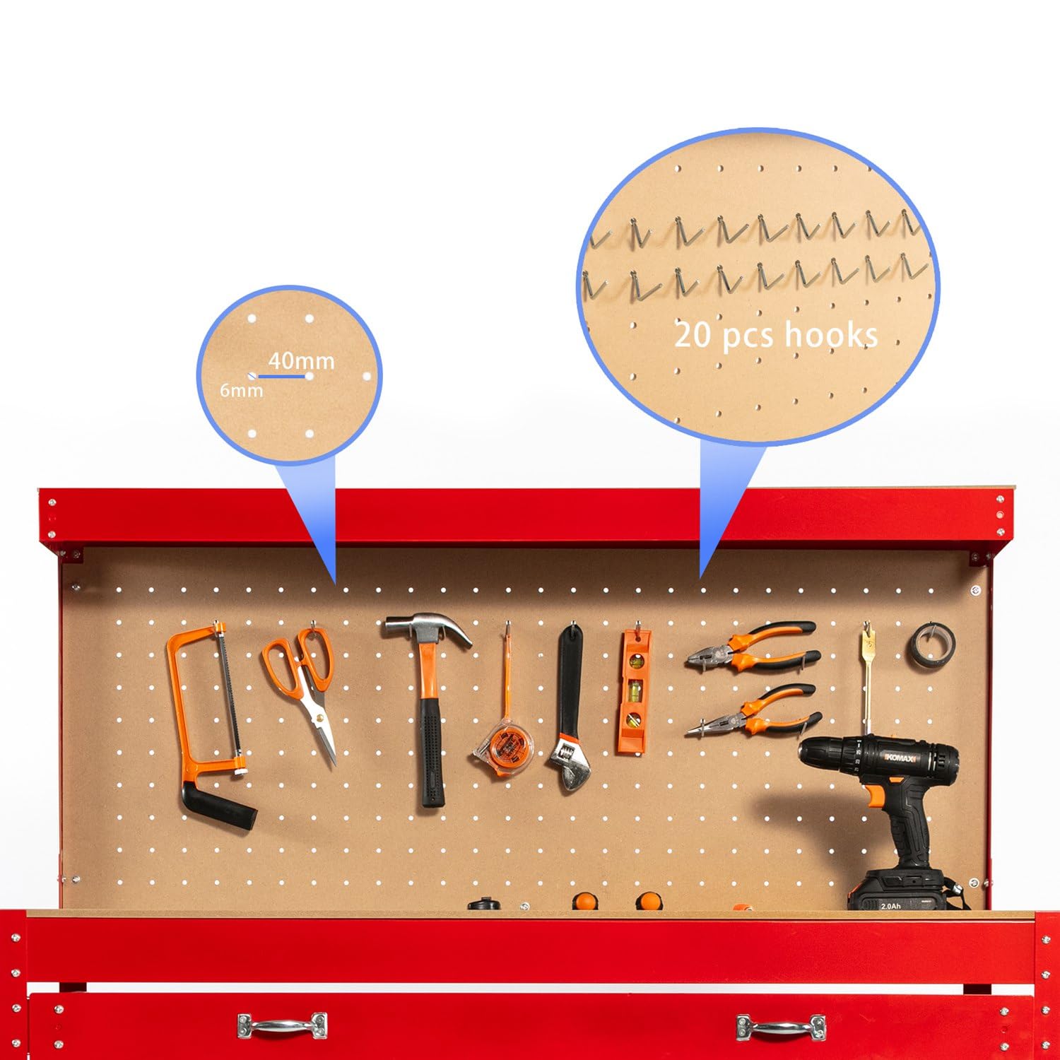 SwitZer New Red Steel Garage Tool Box Toolbox Work Bench Workbench Storage With Drawers Pegboard and 20 Pegs Shelf DIY Workshop Station