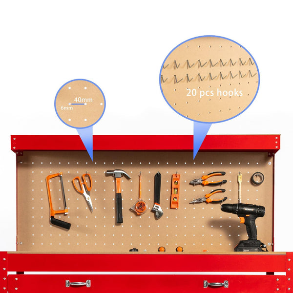 SwitZer New Red Steel Garage Tool Box Toolbox Work Bench Workbench Storage With Drawers Pegboard and 20 Pegs Shelf DIY Workshop Station