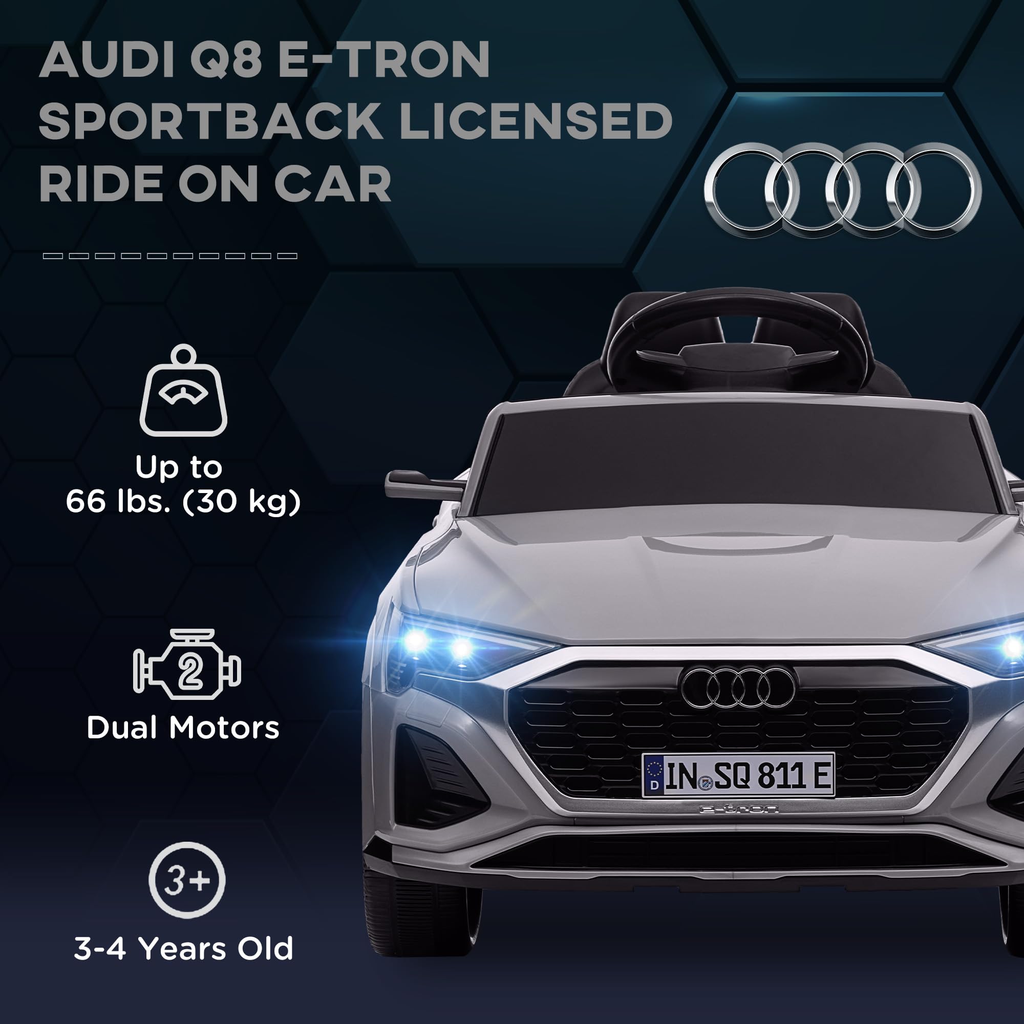 AIYAPLAY Audi Q8 E-tron Licensed Electric Car for Kids, 12V Electric Ride on Sportback Design with Remote Control, 4 Suspension Wheels, LED Headlamps, Music, Horn, for Ages 3-4 - Grey