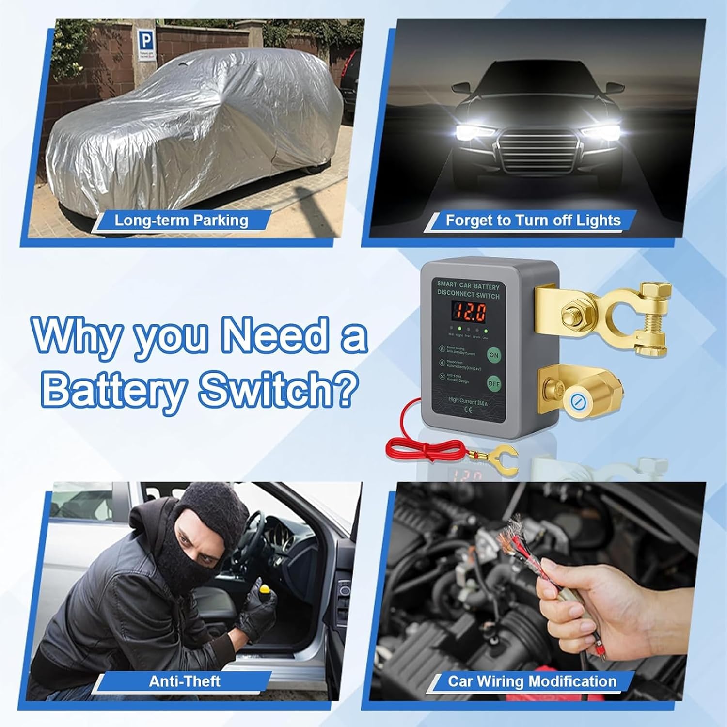 YUBOZDZQ Remote Kill Switch for Car,12V 240A Remote Battery Disconnect Switch with Led Voltage Display Car Kill Switch Anti Theft Automatic Cut/Shut Off Switch for Auto Truck Marine RV ATV Boat