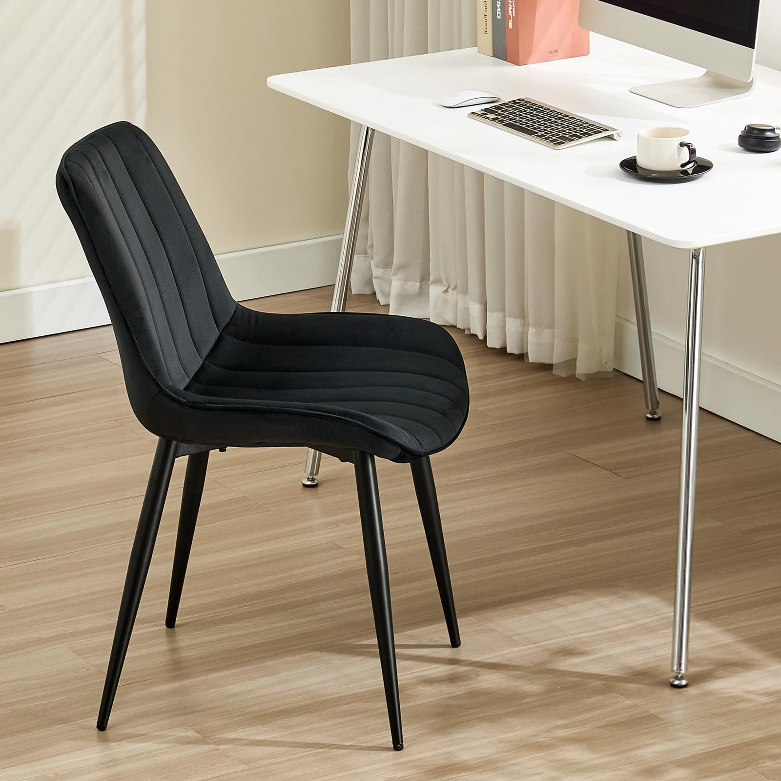 LONGTOO Set of 6 Dining Chairs with Velvet Upholstered Seat & Backrest,Stable Metal Legs,Modern Stripe Design,Champagne