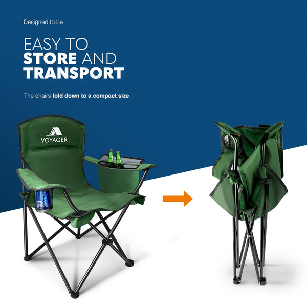 Voyager Folding Camping Chairs 2 Pack with Cooler Bag, Lightweight Q195 Steel Frame, 600D Oxford Fabric, Portable & Comfortable - Black (Black, Padded)