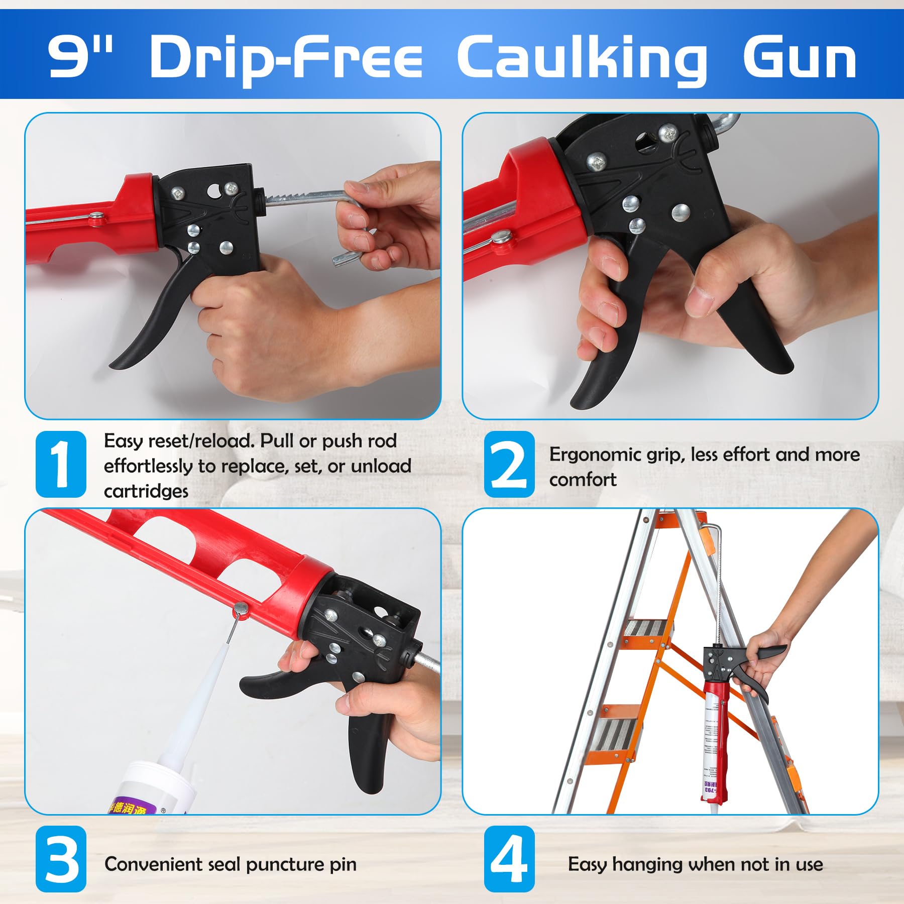 iLitLuk Drip-Free Caulking Gun Ratchet Rod Caulk Gun Applicator 15:1 Thrust Ratio Labor-Saving Lightweight Nylon Frame Cartridge Gun for 10oz/300ml Standard Caulk Tubes with Silicone Finishing Tools