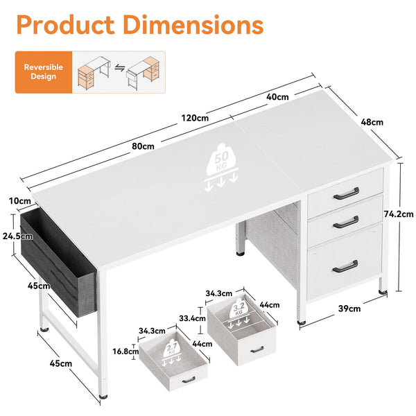 Coleshome Computer Desk with Drawers, 120×48cm Office Desk with Storage, Reversible Small White Desks for Home Office