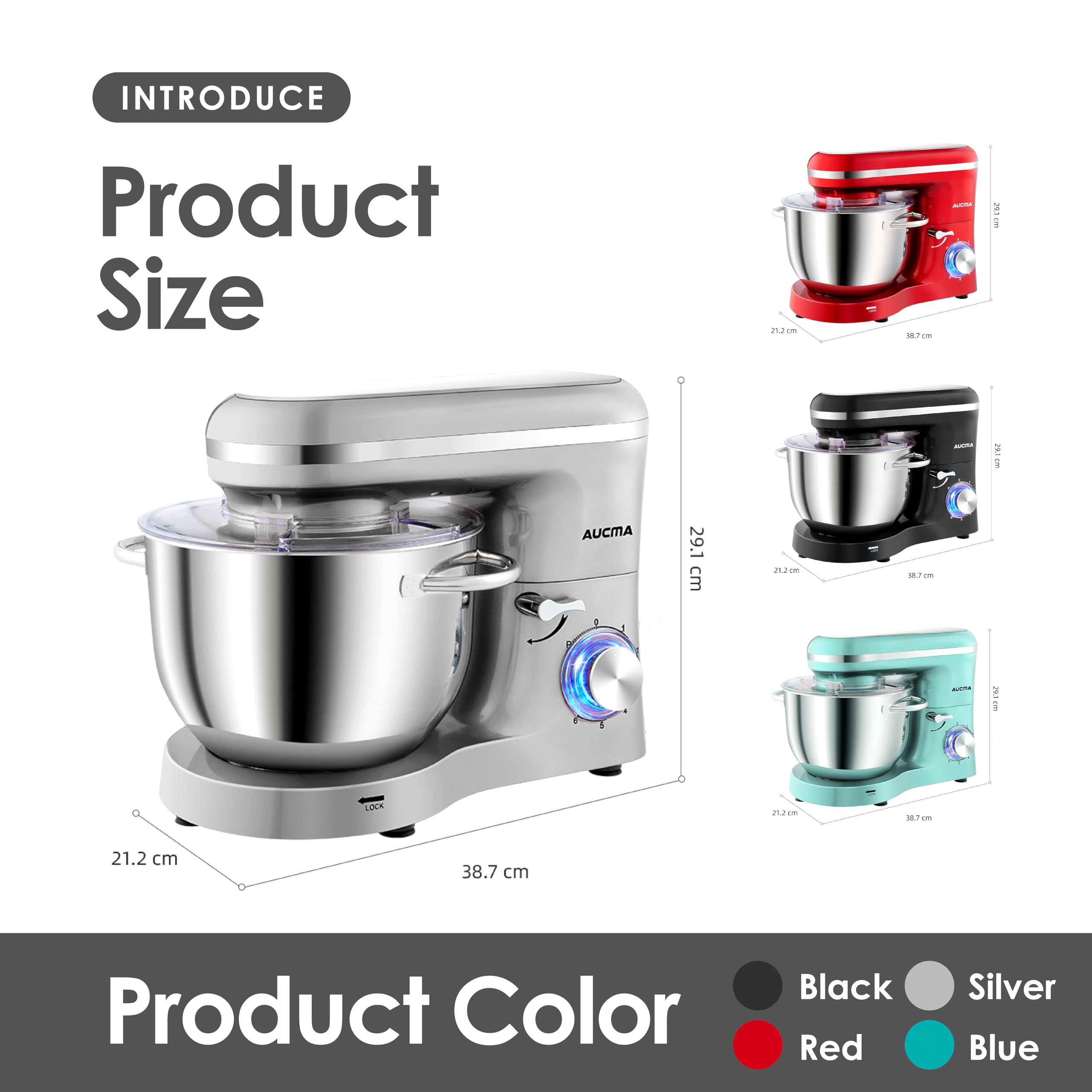 Aucma Stand Mixer, 6.2L Food Mixers for Baking, Electric Kitchen Mixers with Bowl, Dough Hook, Wire Whip & Beater (6.2L, Black)