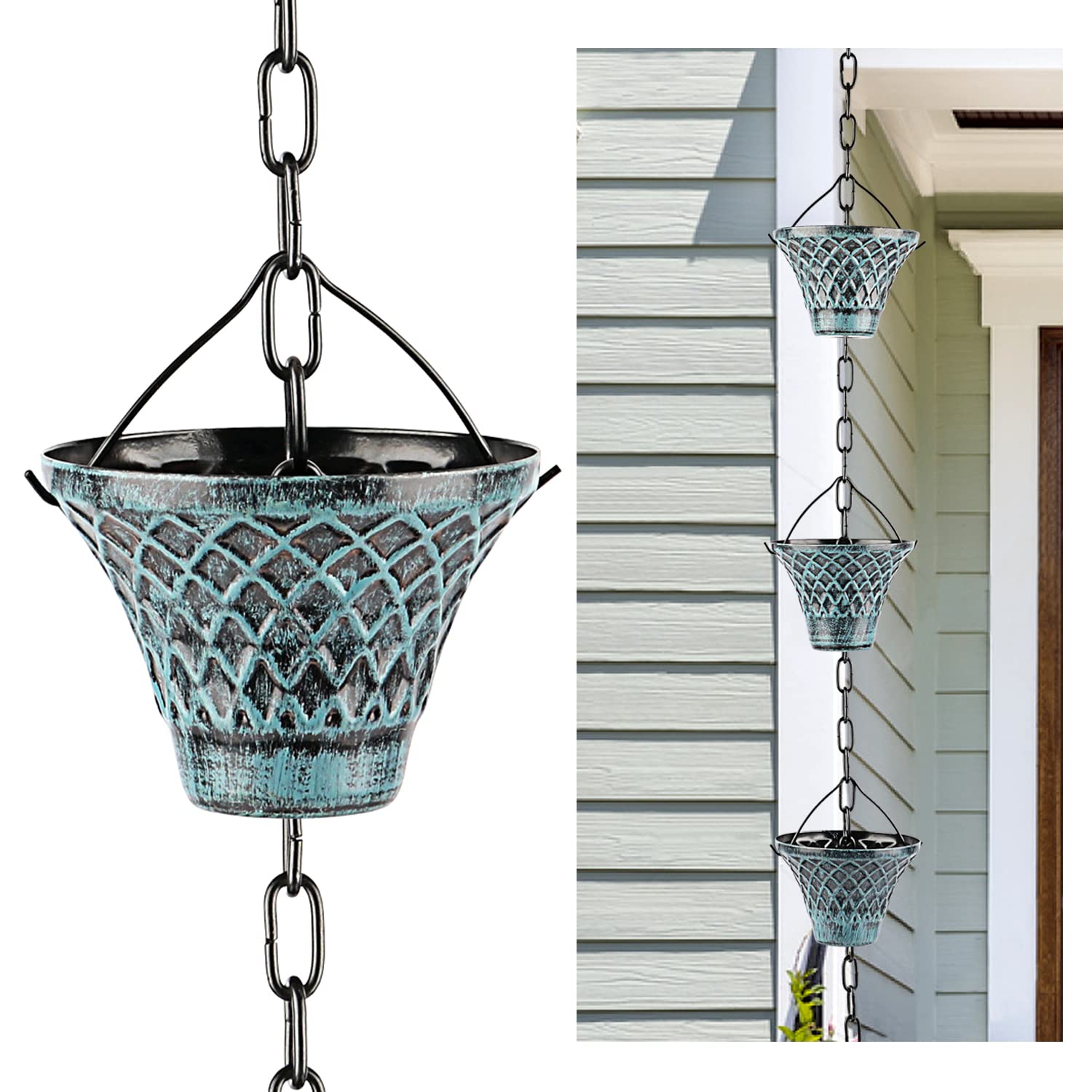 Hanayard Decorative Blue Plaid Rain Chain Umbrella Shape Downspouts 8.5 FT Outdoor Garden Decor for Gutters - 12 Cups?