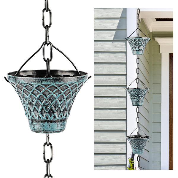 Hanayard Decorative Blue Plaid Rain Chain Umbrella Shape Downspouts 8.5 FT Outdoor Garden Decor for Gutters - 12 Cups?
