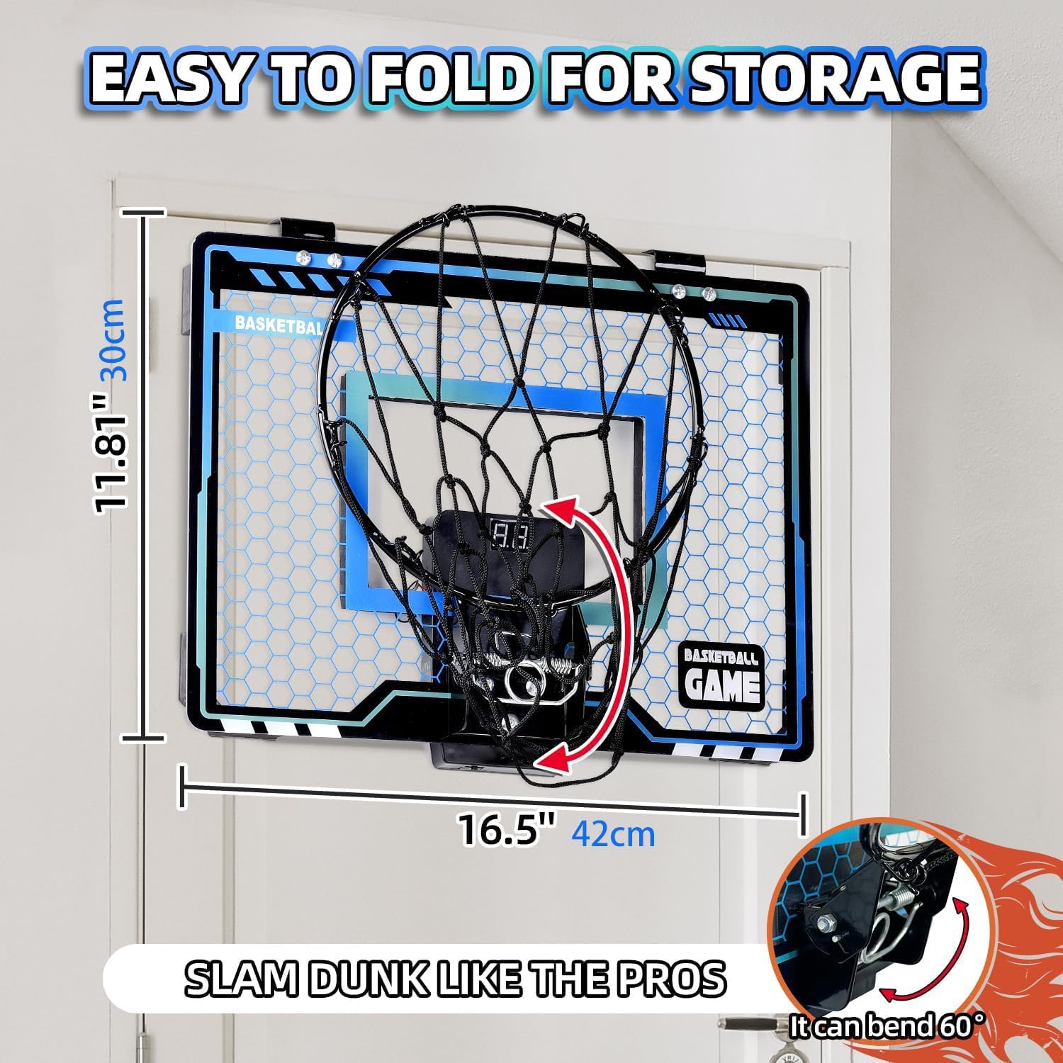 Basketball Hoop Indoor for Kids, Basketball Hoops Over The Door with LED Lighting, Mini Basketball Hoop with Scoreboard & 3 Balls, Basketball Toys Gifts for 5 6 7 8 9 10 11 12 Year Old Boys Girls