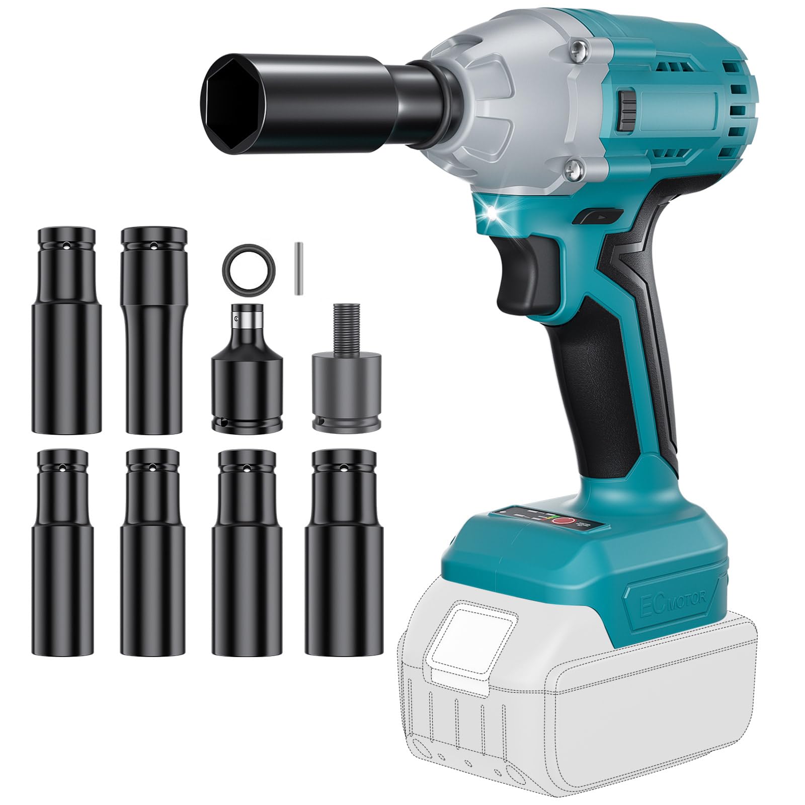 Nananuu 700Nm 3 in1 Cordless Impact Wrench Compatible with Makita 18V Lithium Battery (No Battery), Brushless Impact Wrench with 6 Sockets and LED Light for Scaffolding and Automotive Assembly