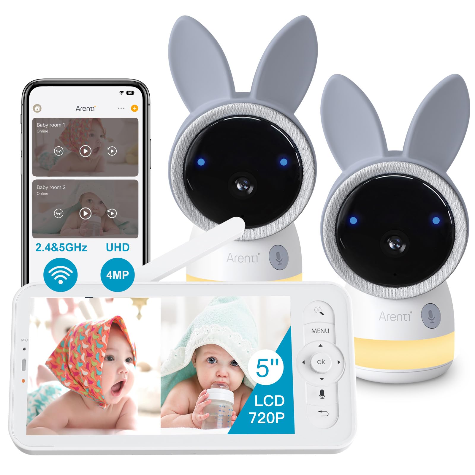 ARENTI 2.5K 5Ghz&2.4G Wifi Baby Monitor with Camera,5-inch 720P Display,Night Vision,Pan Tilt,Night Light,Auto Track,3350mAh Battery,Cry&Motion Detection,2-Way Talk,App&Screen Control