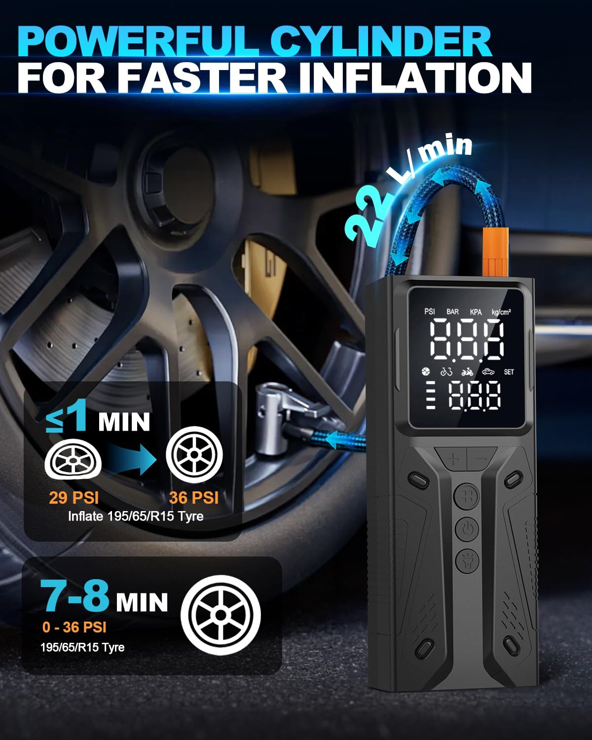 E-SMARTER Tyre Inflator Air Compressor, 6000mAh 150 PSI Bike Pump with Overinflate Protection, Fast Inflation Portable Tyre Inflator for Car LCD Display, Air Pump for Tyres and Other Inflatables