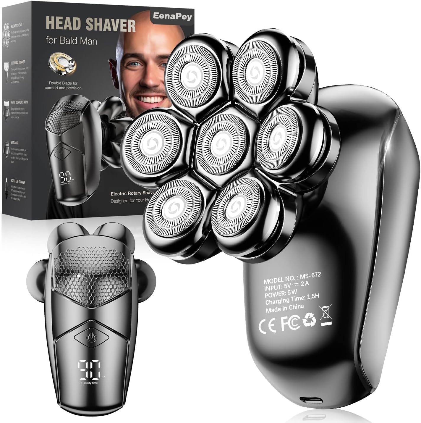 EenaPey Electric Head Shavers for Men：5 in 1 Electric Razor for Bald Men with 7D Floating Head-IPX7 Waterproof Wet/Dry LED Display and Type C Rechargeable Grooming Kit Used for Face/Head/Scalp