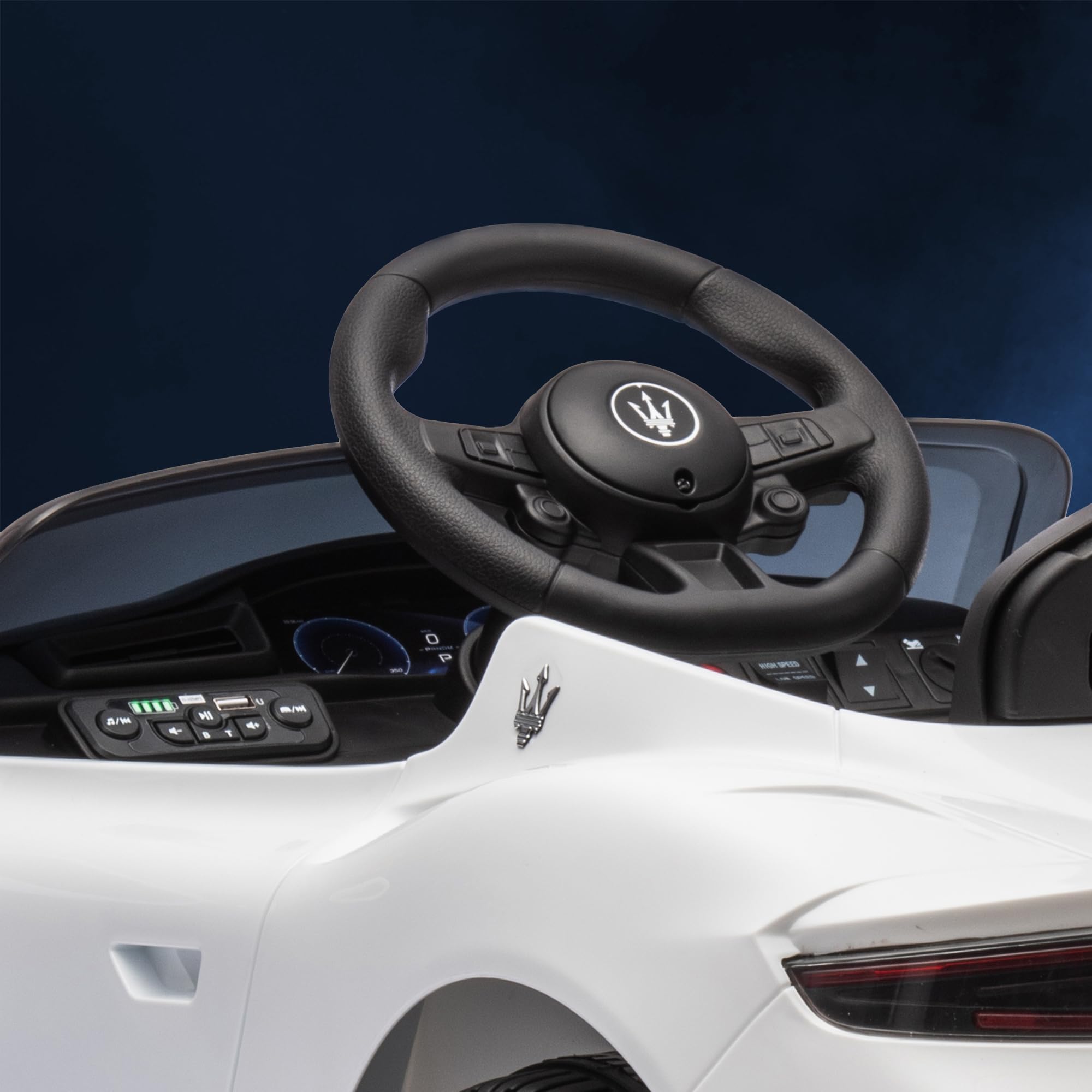 Maserati MC20 Licensed 12V Kids Electric Car with Slow Start, Remote Control, Music, LED Lights, Horn, Spring Suspension, for 3-6 Years, White