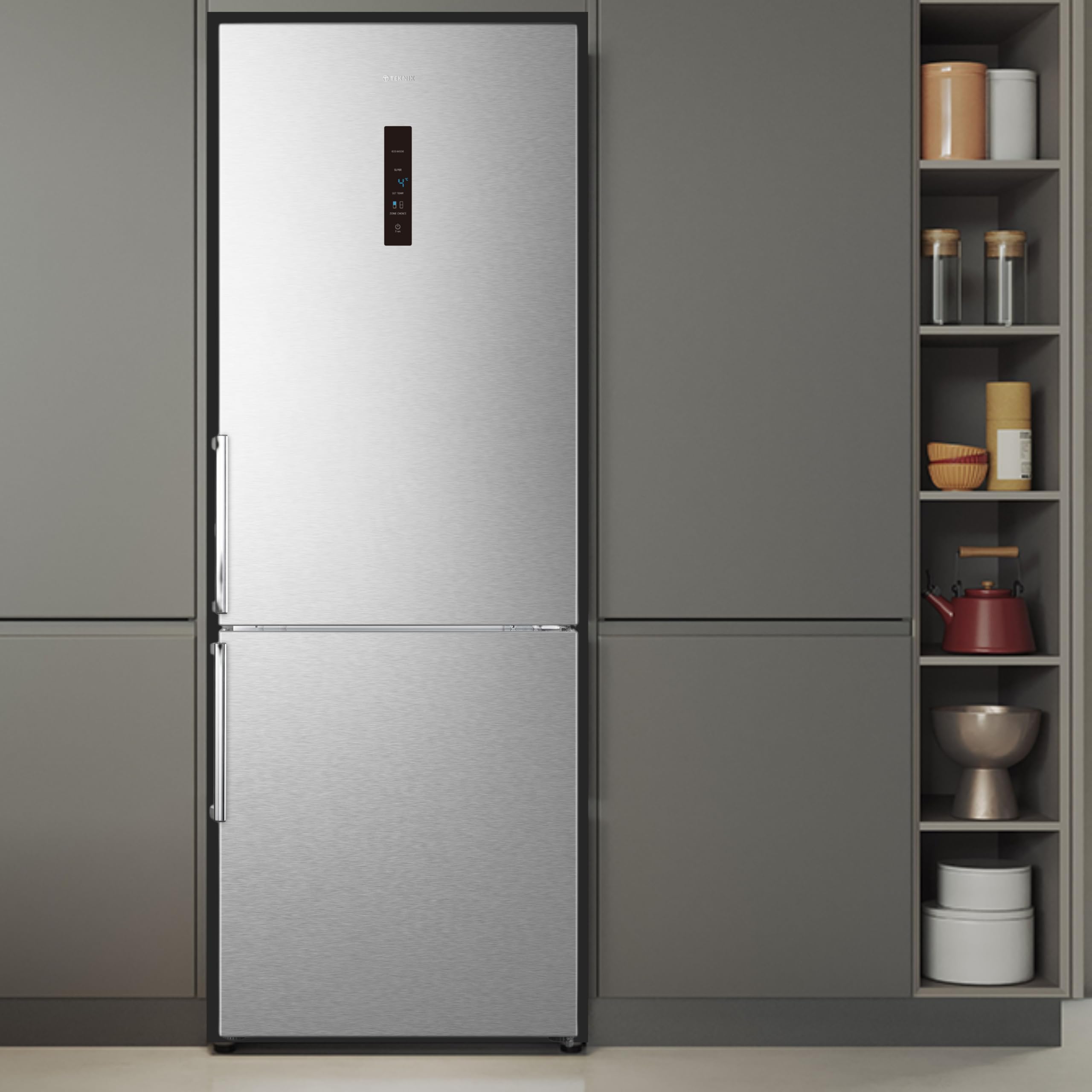 Teknix FFH1825WB 55cm Freestanding 50/50 Fridge Freezer - 256 Litre Capacity - Total No Frost - Non-plumbed Water Dispenser - Black, H182.5 x W55 x D56.2 (cm)