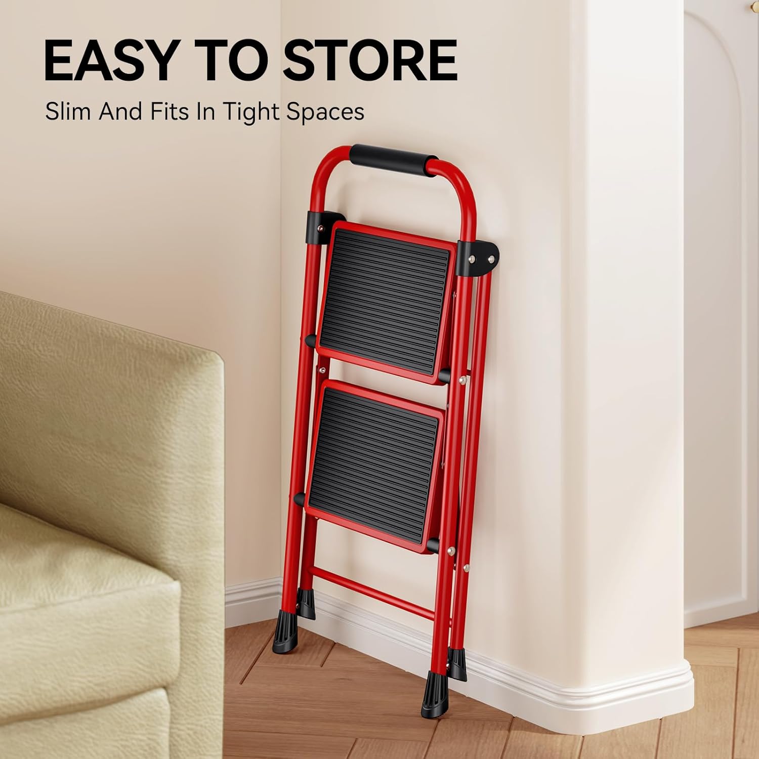 KINGRACK Folding 3-Step Ladder with Non-Slip Pedals, Sturdy Steel, Lightweight & Portable, Red