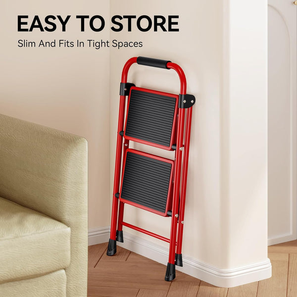 KINGRACK Folding 3-Step Ladder with Non-Slip Pedals, Sturdy Steel, Lightweight & Portable, Red