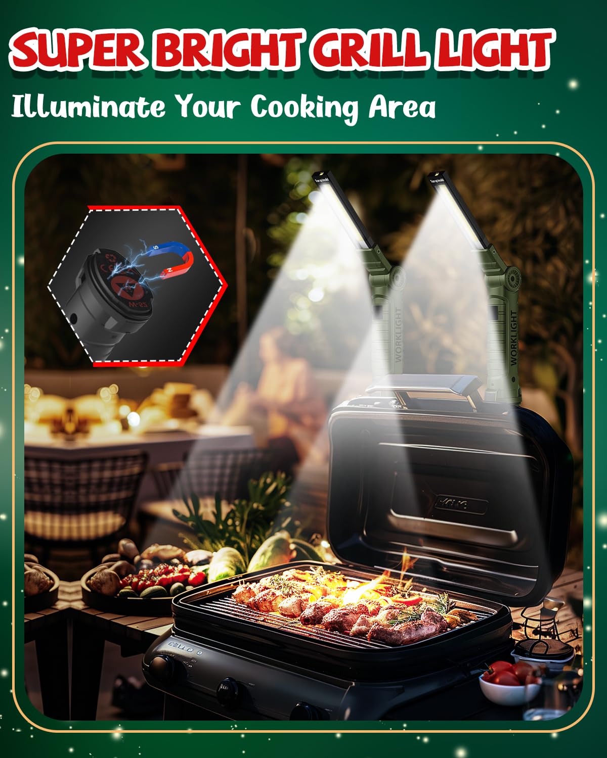 Coquimbo Work Light Christmas Stocking Fillers Gifts for Men Him, LED Torch Rechargeable Inspection Lamp Mechanic Emergency BBQ Light 360° Rotate with Magnetic Base and Hook (2 Pack, Black)