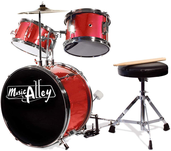 Music Alley DBJK02-BK Three Piece Junior Drum Kit for Kids with Cymbal Pedal Drum Stool and Drum Sticks Metallic Black 3 Piece