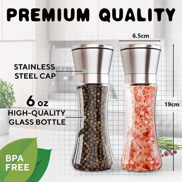 Salt and Pepper Grinder Set, Adjustable Coarseness Salt Shakers, Premium Ceramic Glass Body Salt and Pepper Mills [Without Spice Content]