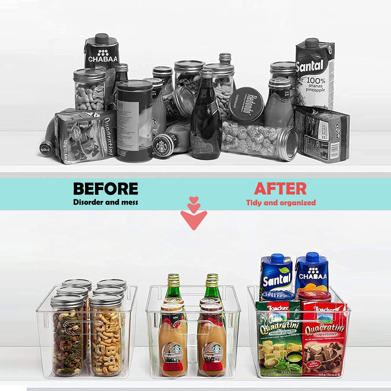 HPYLIFH Fridge Organiser with Handles, 4 Pack Clear Pantry Organizer Bins, Food Storage Basket for Kitchen, Countertops, Cabinets, Refrigerator,