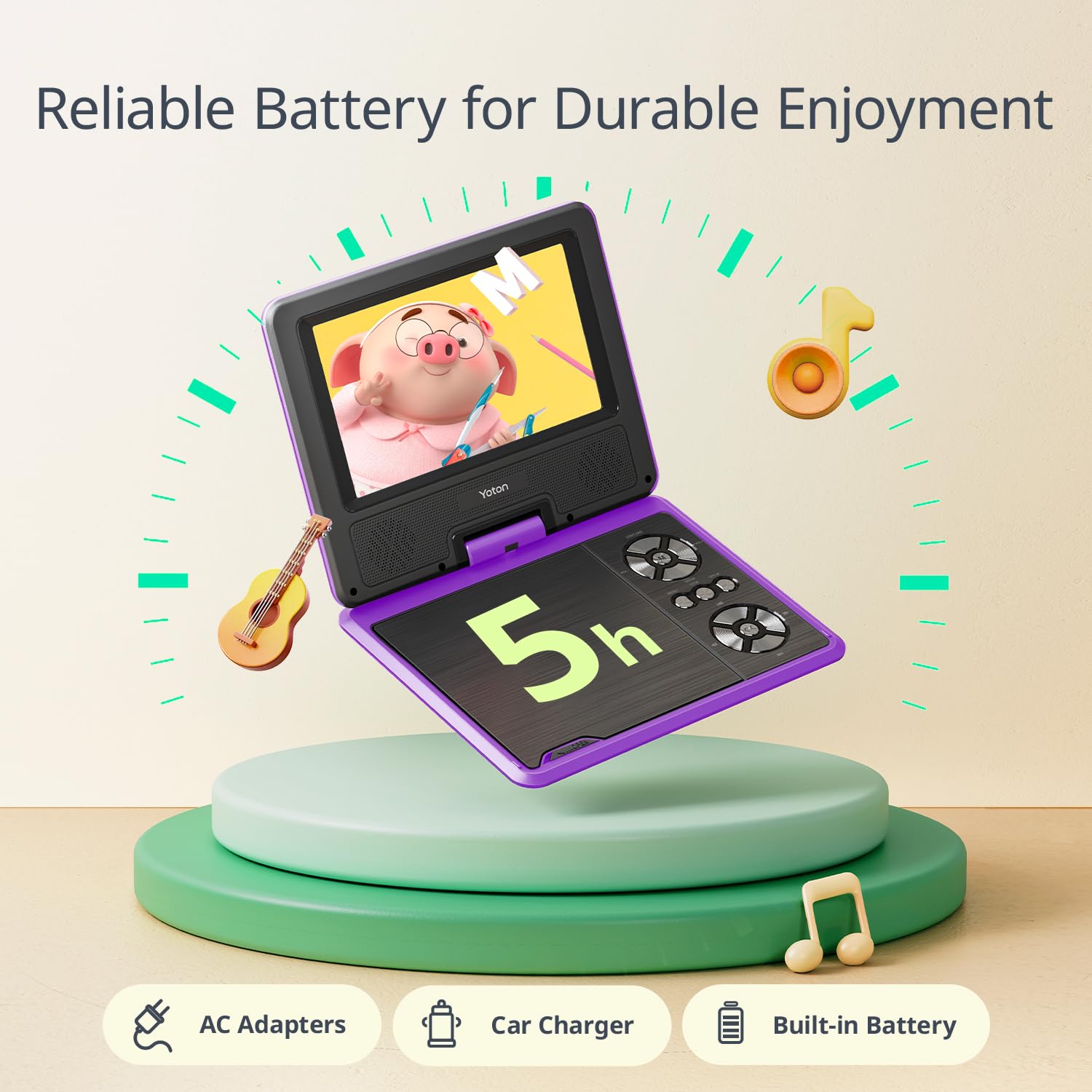 9.5" Portable DVD Player with 7.5" HD Swivel Screen for Car and Kids, 4-6 Hours Working time with Built-in Battery, Headphone/AV-IN/AV-OUT/USB/SD Card [Not Support Blu-ray]