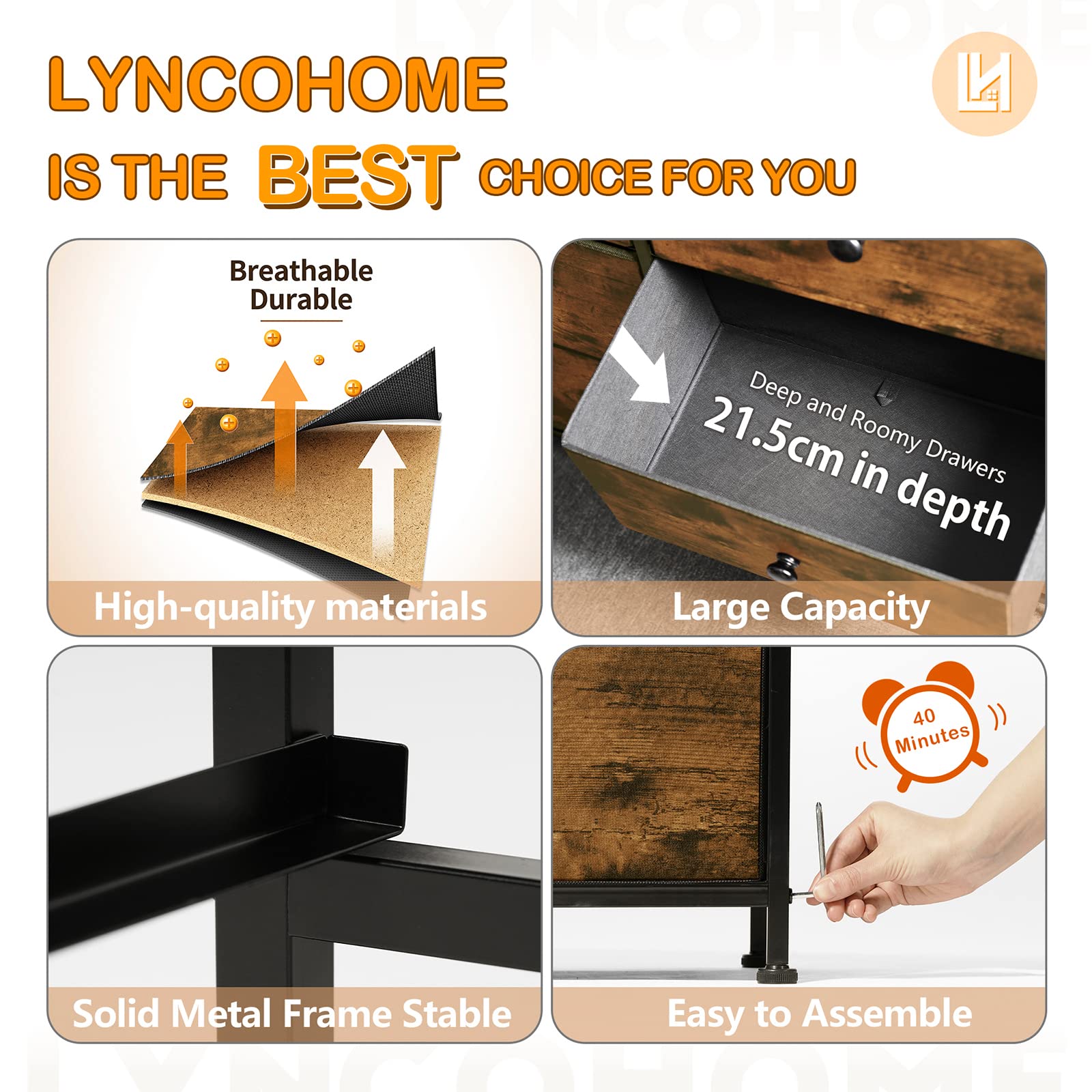 LYNCOHOME Chest of Drawers with 10 Drawers,Wooden Top Bedroom Furniture & Storage Unit for Closet, Living Room, Hallway, Rustic Brown