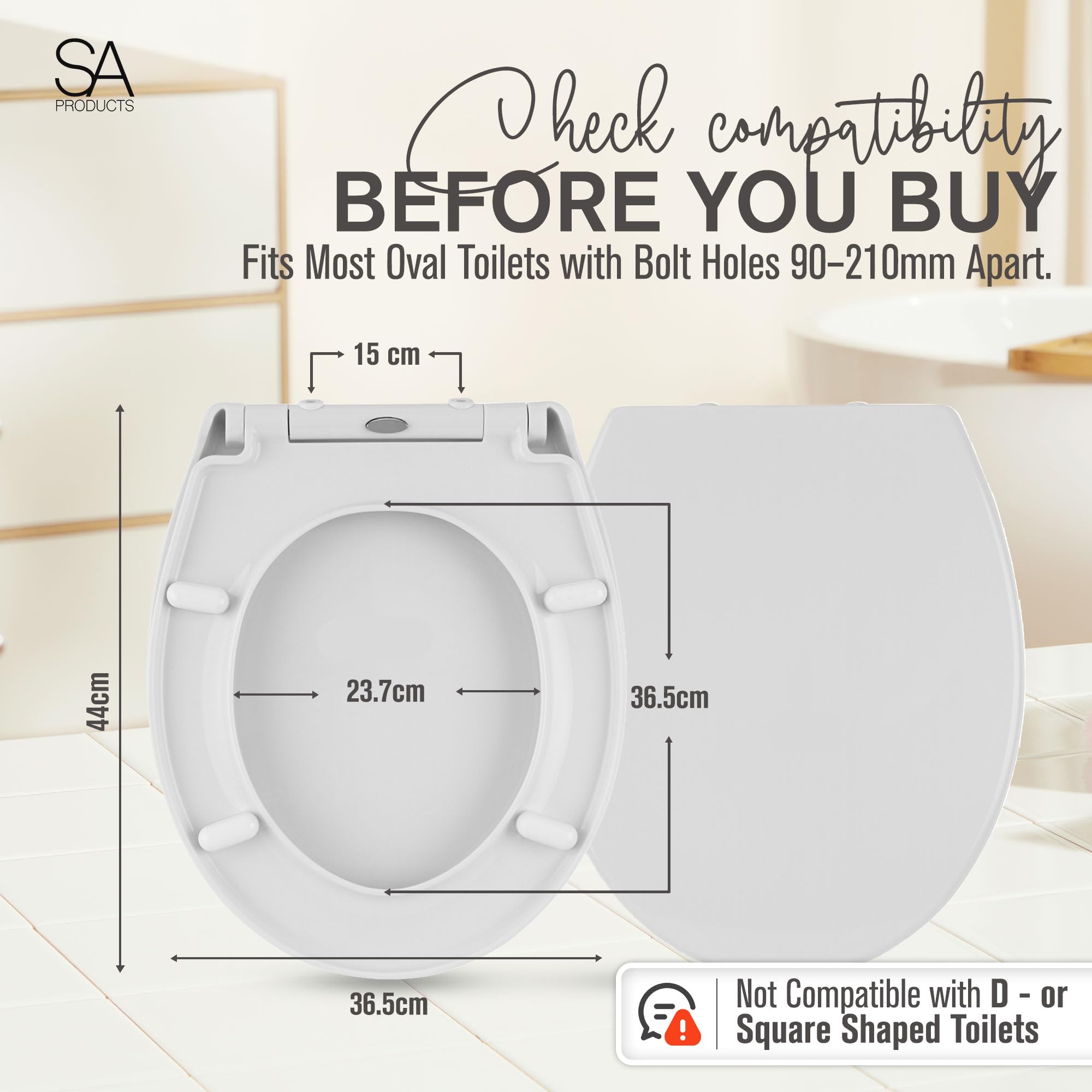SA Products Quick Release Toilet Seat - with Soft Close & Quick Release Hinges for Easy Cleaning - Universal Bathroom Bowl Seating with Thermoset Lid, ABS Cylinder, Fixings - 44.1x36.5x5cm, White