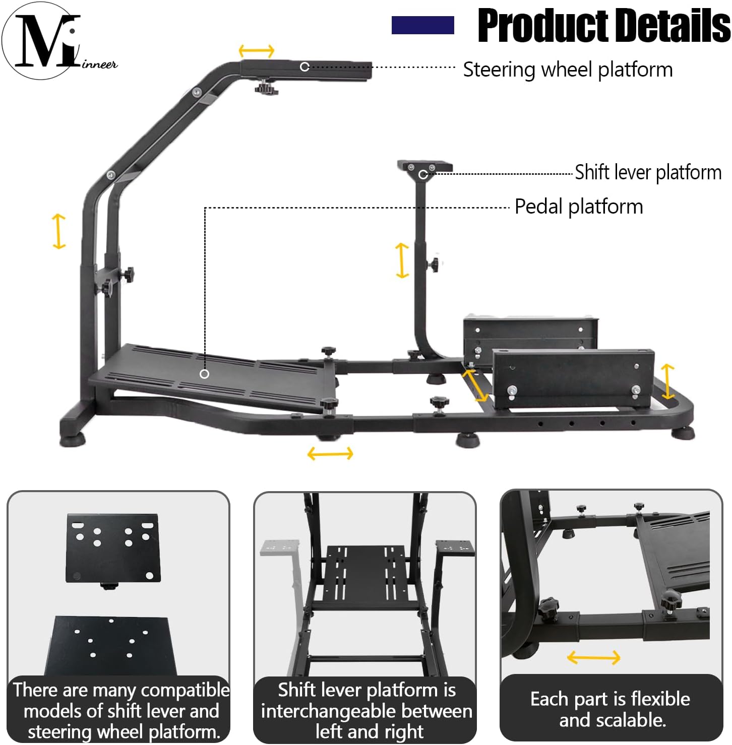Minneer Racing Simulator Cockpit with Gaming Seat(Black) Stand-Up Fit for Logitech Fanatec Thrustmaster G29, G27, G25, G923 Adjustable Gaming Steering Wheel Stand Without Wheel and Pedals