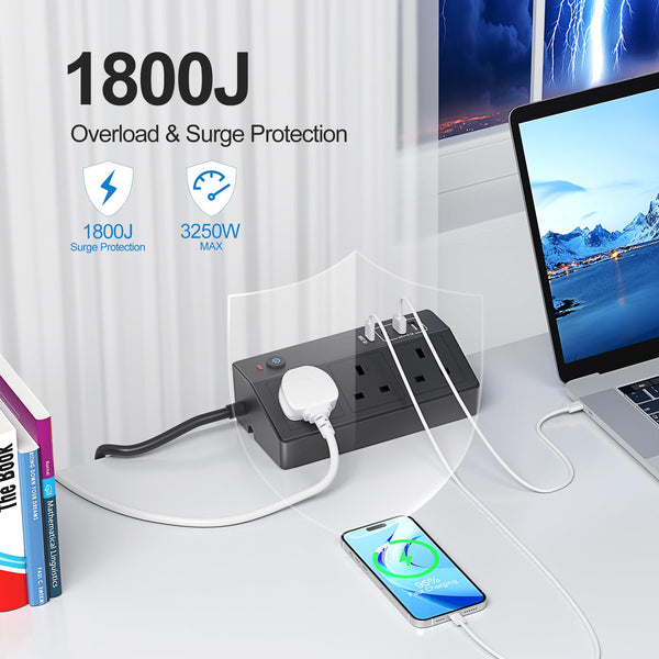 Desk Power Socket with USB C Slots, HAFINO PD 20W Fast Charging Power Station, 2M Extension Lead with USB Slots with Removable Clamp, Desktop Power Strip for Home Office