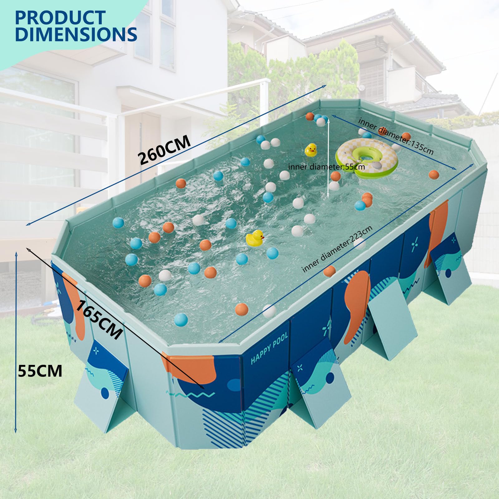 Foldable Non-Inflatable Pool – 2.23m Heavy-Duty PVC Bathing Pool, Large Garden Pool with Quick Drain Valve & Anti-Slip Design, Includes Repair Patch – Blue