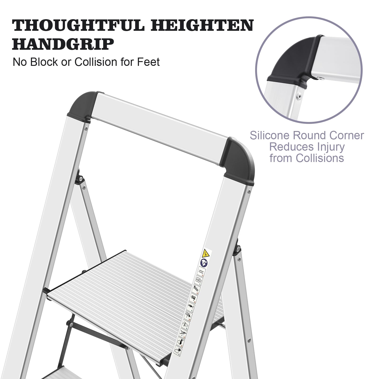 KINGRACK 2 Step Ladder with Handrail, Non-Slip Household Ladder with Folding Safety, Aluminium Folding Step Stool, Maximum Load 150 kg, Black