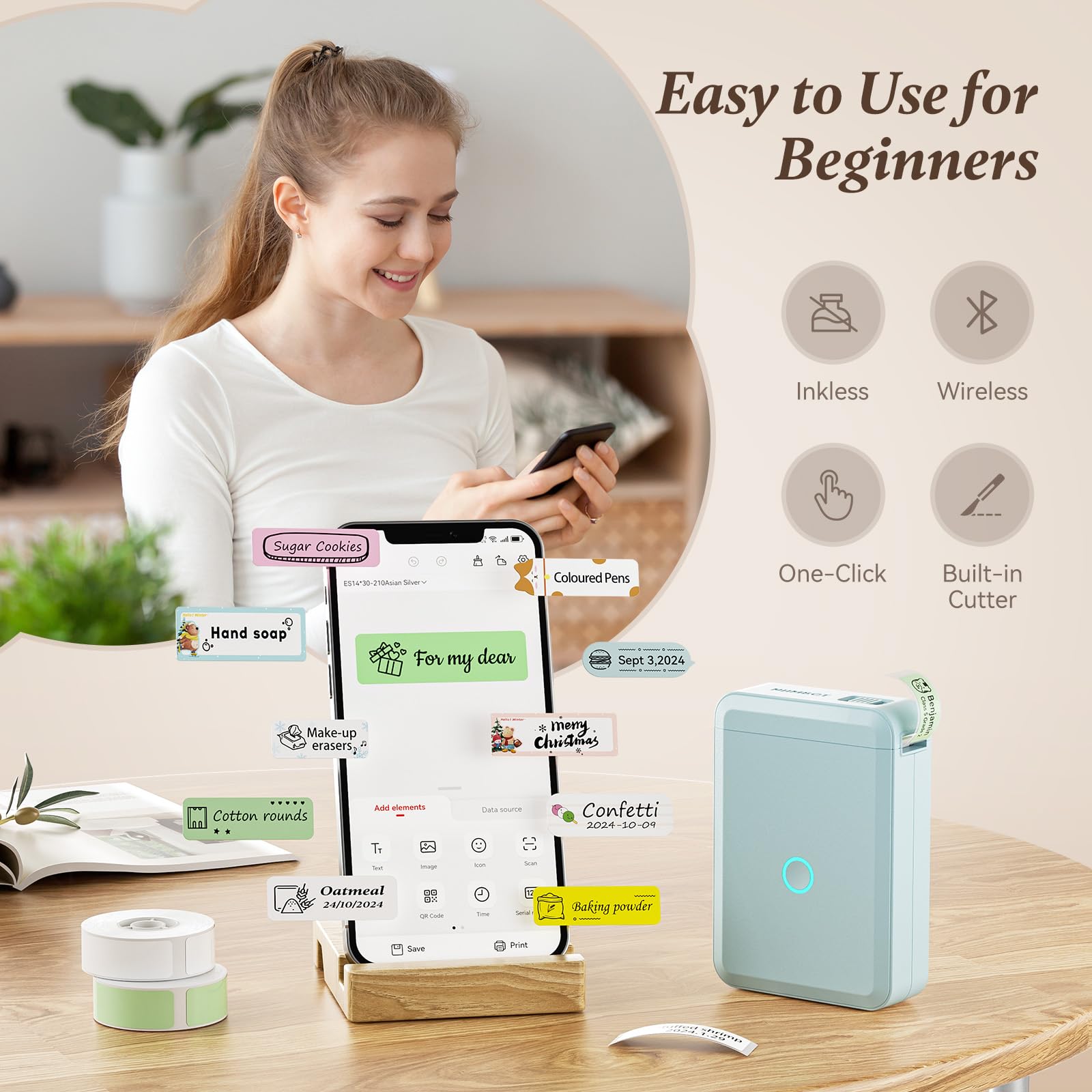 NIIMBOT Label Maker Machine, D110 Upgraded Version Sticker Printer Maker with 1 Roll White Starter Label Paper, Thermal Label Printer for School Office Home Organization