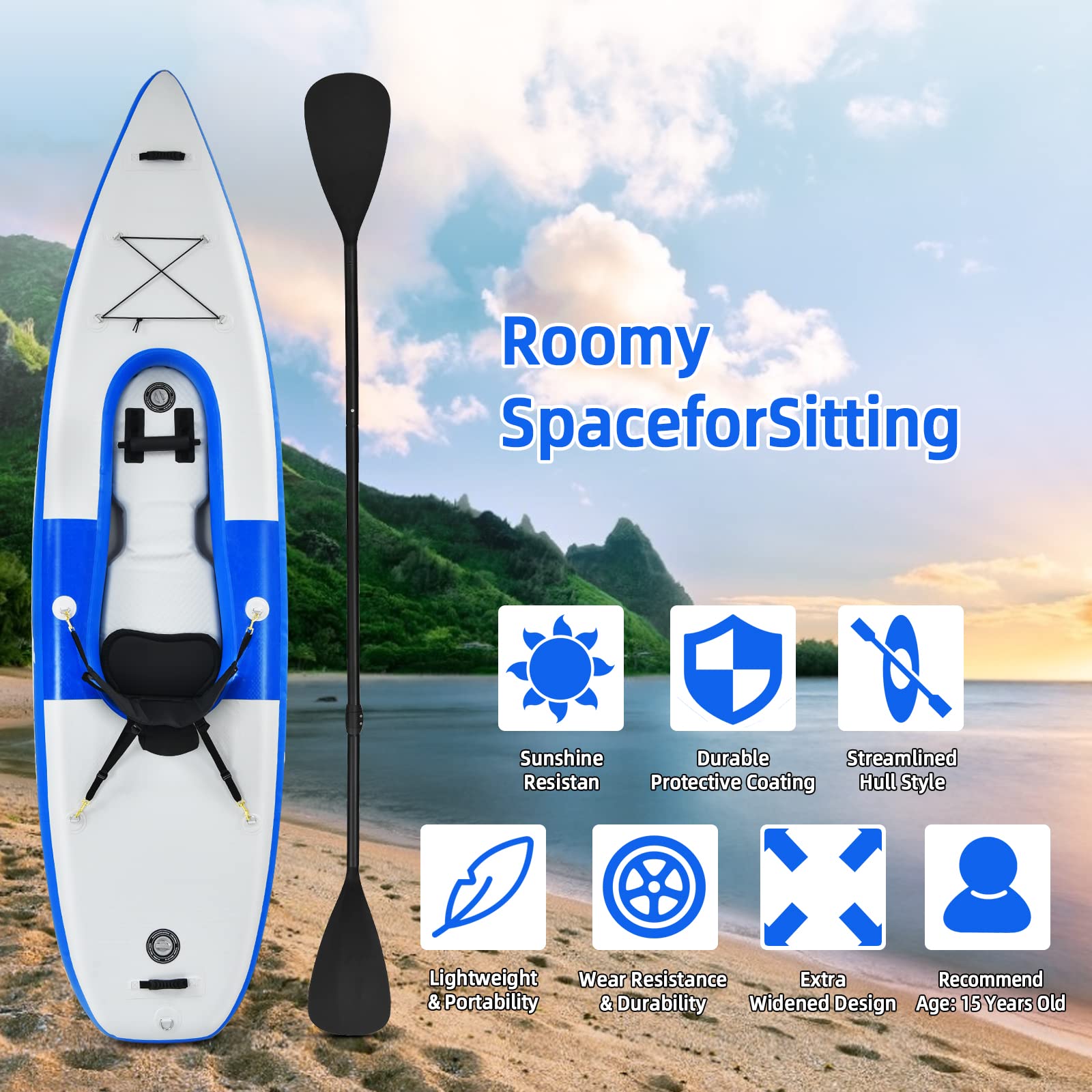 COSTWAY 10.8ft Inflatable Kayak, 1 Person Sit on Canoe with Adjustable Aluminum Oar, Hand Pump and Padded Seat, Paddle Kayaks Blow up Boat for River Lake Sea